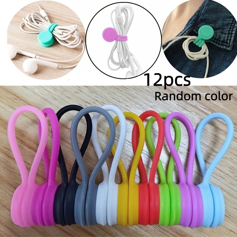 TEMU 12pcs Attaches de gestion de câbles magnétiques en silicone flexible, supports de cordon de couleur mélangée aléatoire pour fils USB, écouteurs,