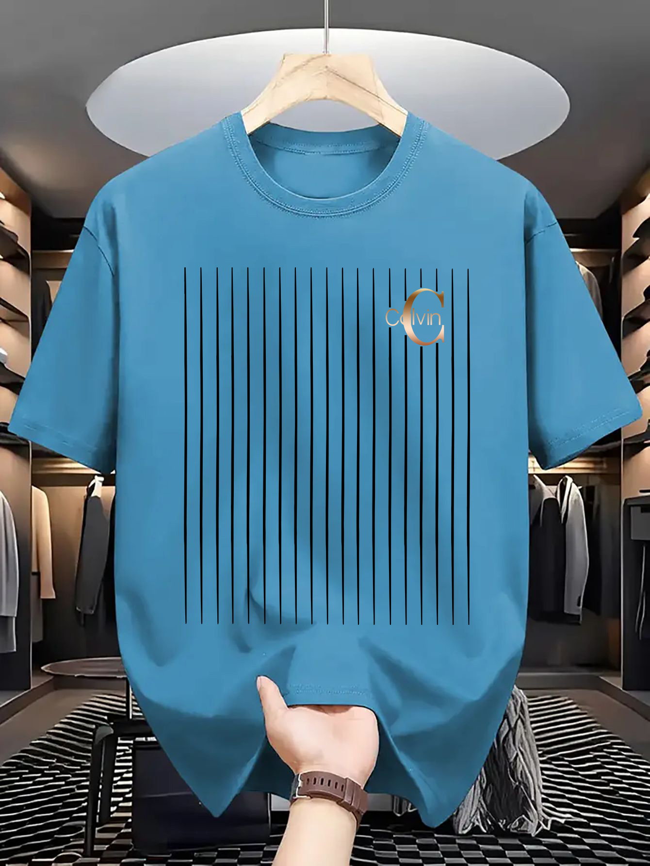 Men's casual and fashionable minimalist lines - C-Calvin printed T-shirt, round neck comfortable polyester fabric, suitable for daily wear as fashionable streetwear, Men's clothing