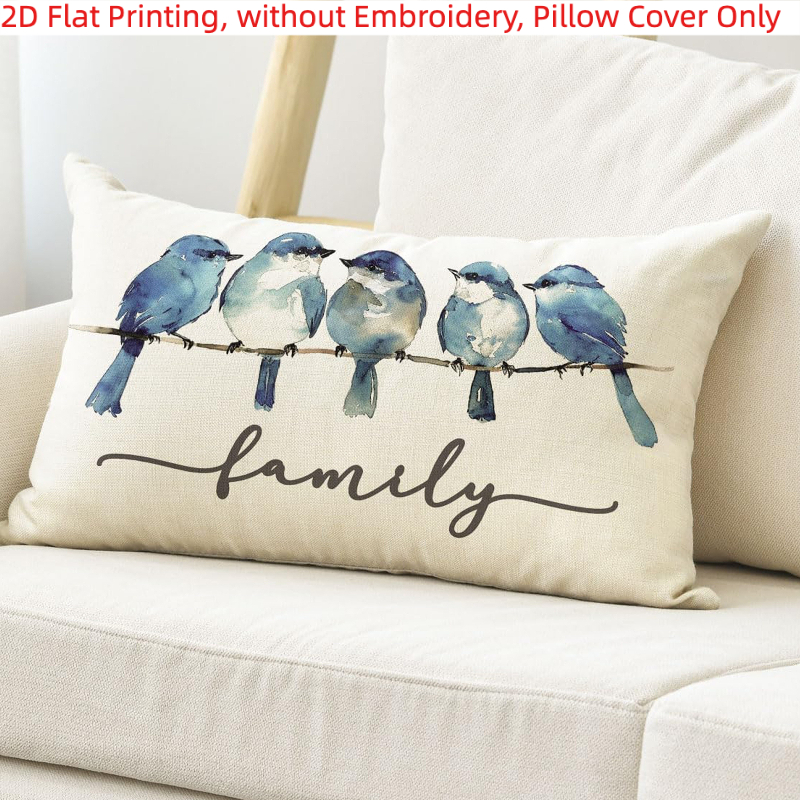 TEMU 2d Flat - 1pc, 2d Flat Printing, Blue Bird Family Watercolor Pillowcase, Blue Sofa Cushion Cover, Single-sided Printing, Without Embroidery,