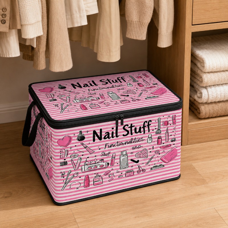 TEMU 1pc | Pink Nail Nail Stuff Printed Storage Box | Beauty And Makeup Themed Organizer | Suitable For Dressing Table, Bedroom, Living Room,
