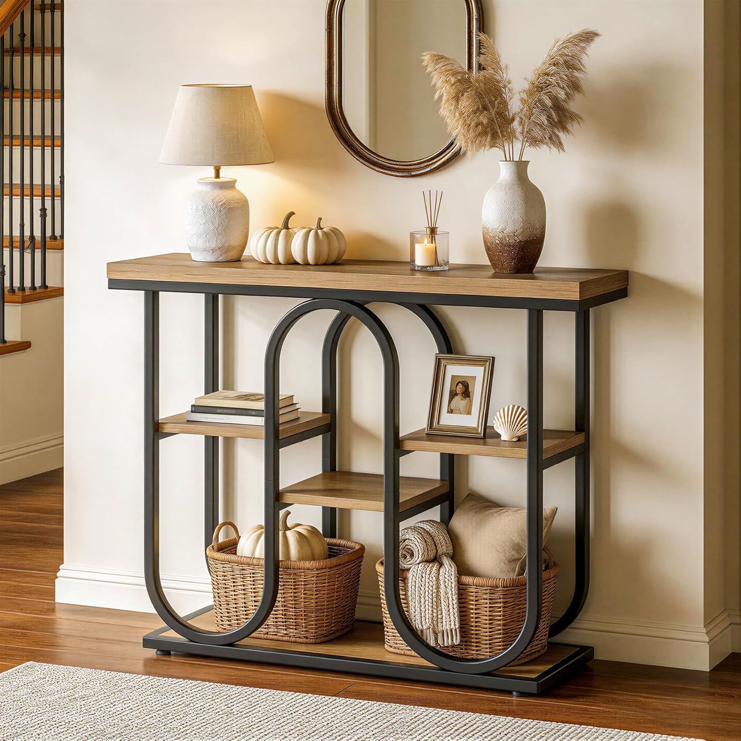 39.4'' Industrial Console Table, Rustic 4-tier Entryway Table With Open Shelves And Metal Frame, Modern Sofa Table For Small Spaces, Hallway, Living Room, Entrance