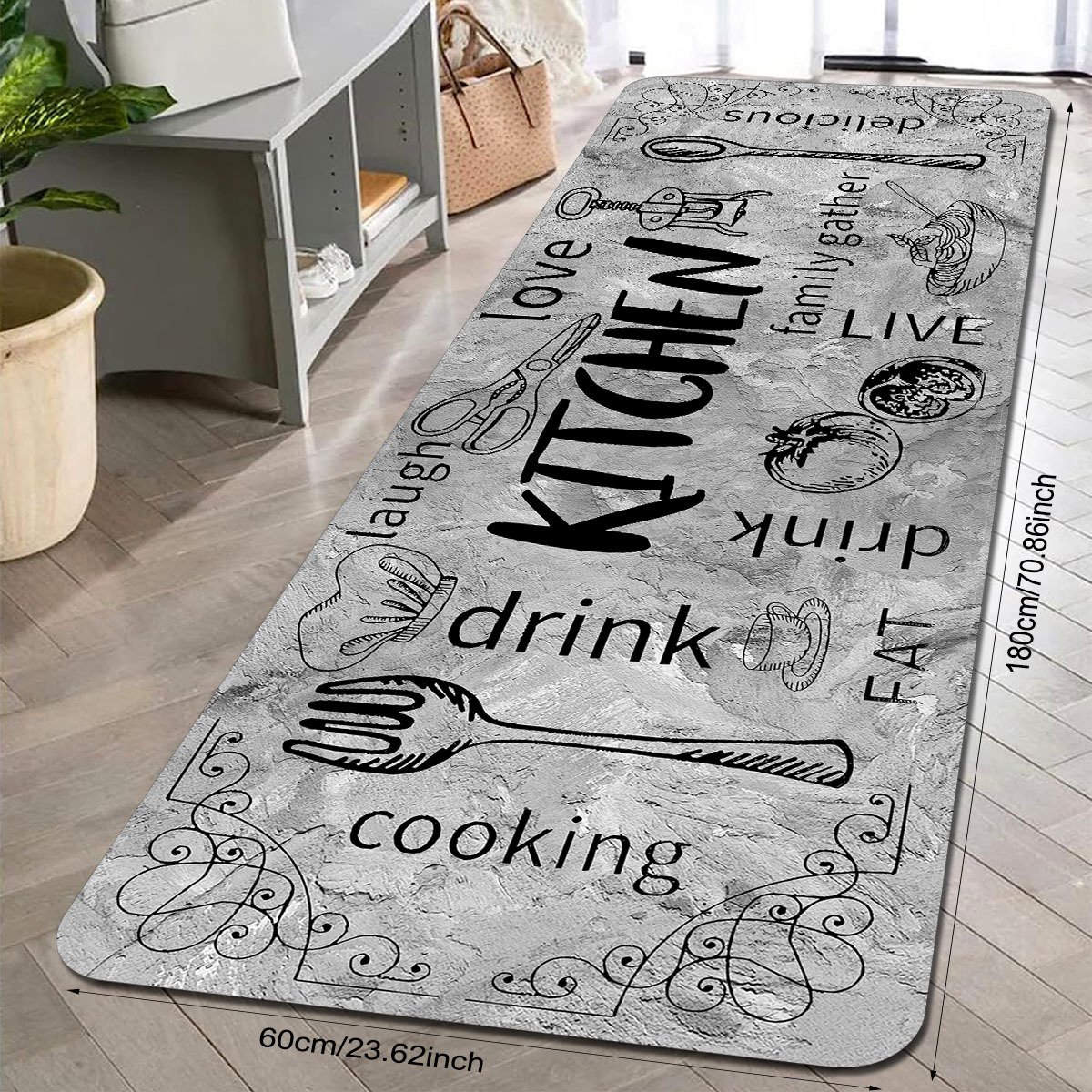 1pc Kitchen Mat, Scandinavian Gray Kitchen Tableware Elements Pattern Print Mat, Polyester Non-slip Floor Mat, Indoor Outdoor Entrance Floor Door Mat Kitchen Mat Foot Mat