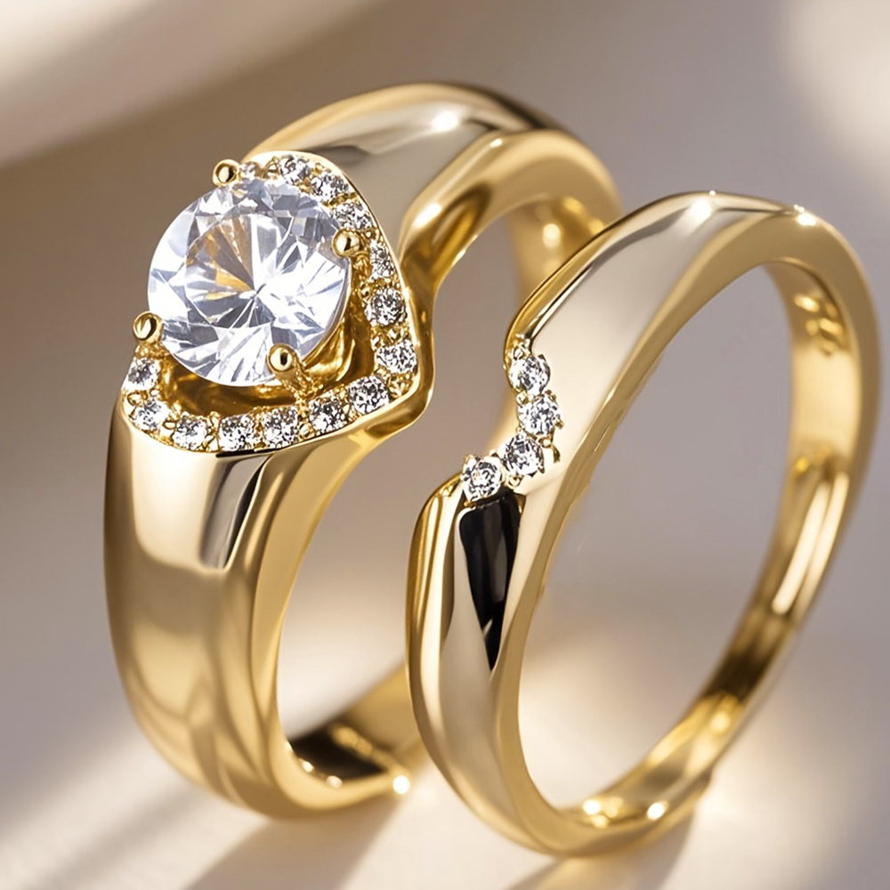 Image of 2pcs/set Exquisite Elegant Inlay Circle Synthetic Heart Shaped Ring Set For Women Wedding Engagement Party Banquet Daily High Quality Ring Jewelry Valentine's Day Gift
