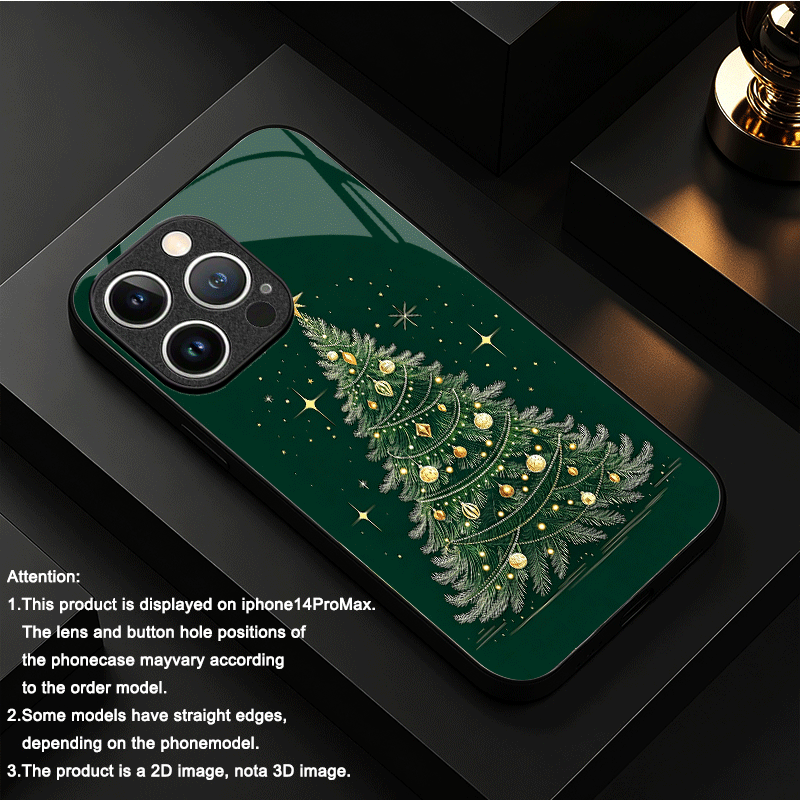 TEMU Phone Case: Green-based Golden-trimmed Christmas Tree Tempered Glass Phone Case For Iphone 18 Pro Max, 17 Pro Max, 18 Pro, 17e, 16e, 16, 15, 14,