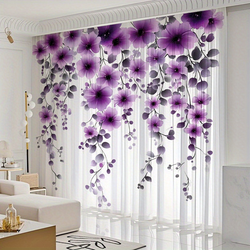TEMU 2pcs Elegant Purple Floral Print Curtains - Semi-transparent Polyester, Rod , Machine Washable, Perfect For Living Room, Bedroom, Office, And