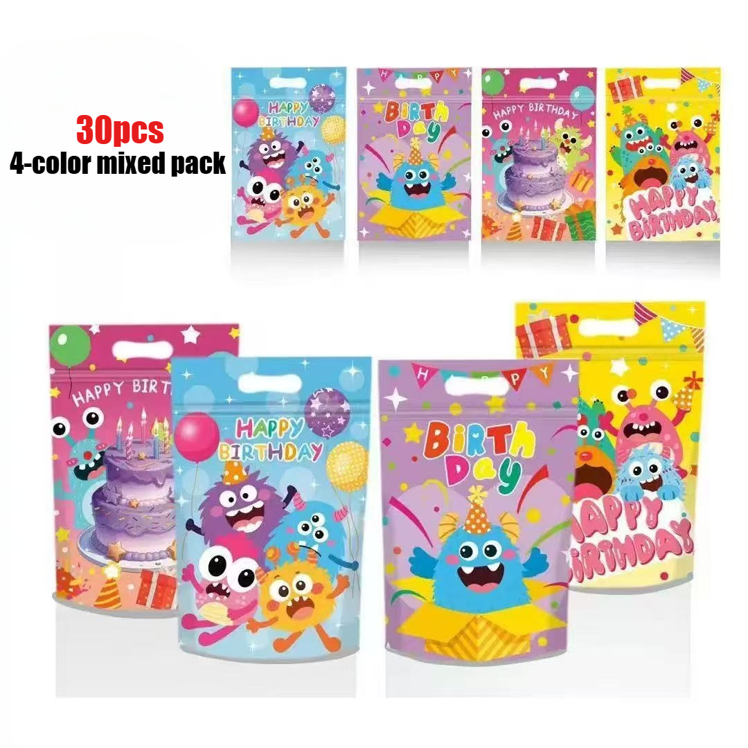 TEMU Lot de 30 pochettes imprimées à motif de monstres de dessin en 3 couleurs mélangées, sacs fourre-tout cadeaux pour fête d'anniversaire, sacs à