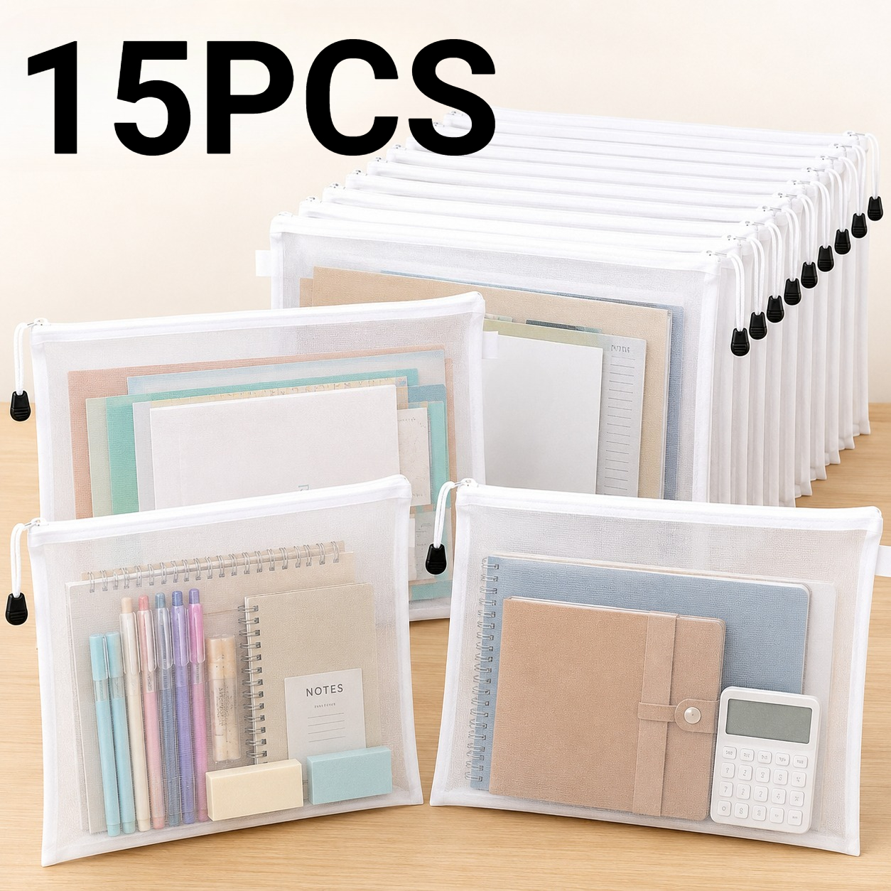 TEMU 15pcs Large Nylon Storage Bag And Document Folder Set - Featuring A Transparent Mesh Design. Ideal For Back-to-school Prep And Office