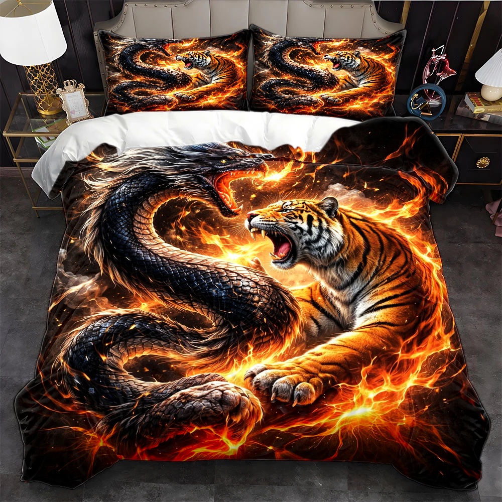 TEMU 3pcss And Tiger Duel Duvet Cover Set, 3pcss Bedding (1* Duvet Cover   2* Pillowcases), Suitable For And Machine Washable, Invisible Zipper