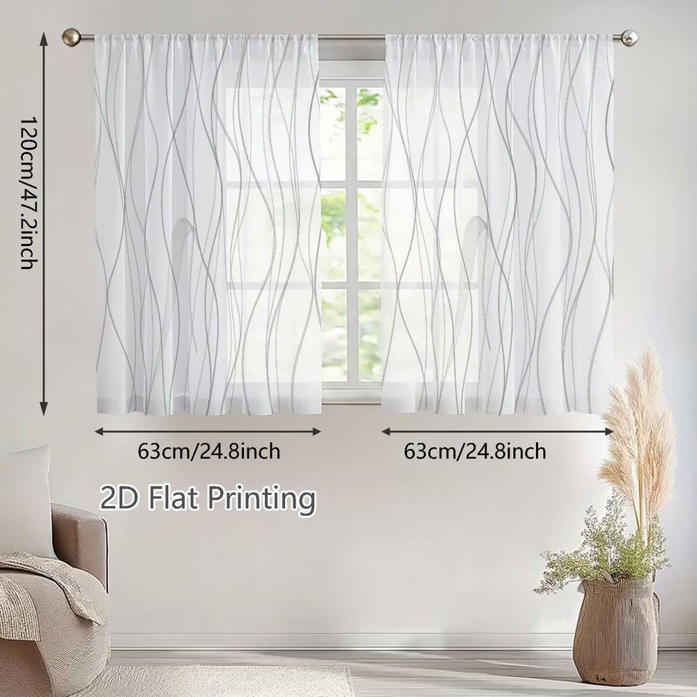 TEMU 2D Plat - 2D Plat - 2D Plat, 2pcs Petites Rideaux Voilages Printemps Été, Motif Ligne Ondulée Grise sur Fond Blanc, Parfait pour Salons,