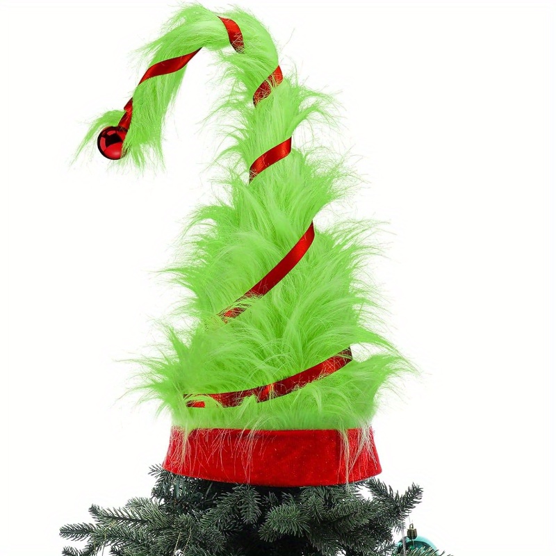 Image of A Christmas Tree Topper Hat, Elf Christmas Tree Ornament, Green Plush Christmas Hat, For Christmas-themed Holiday Parties, Gardens, And Courtyards, A Christmas Cover Decoration
