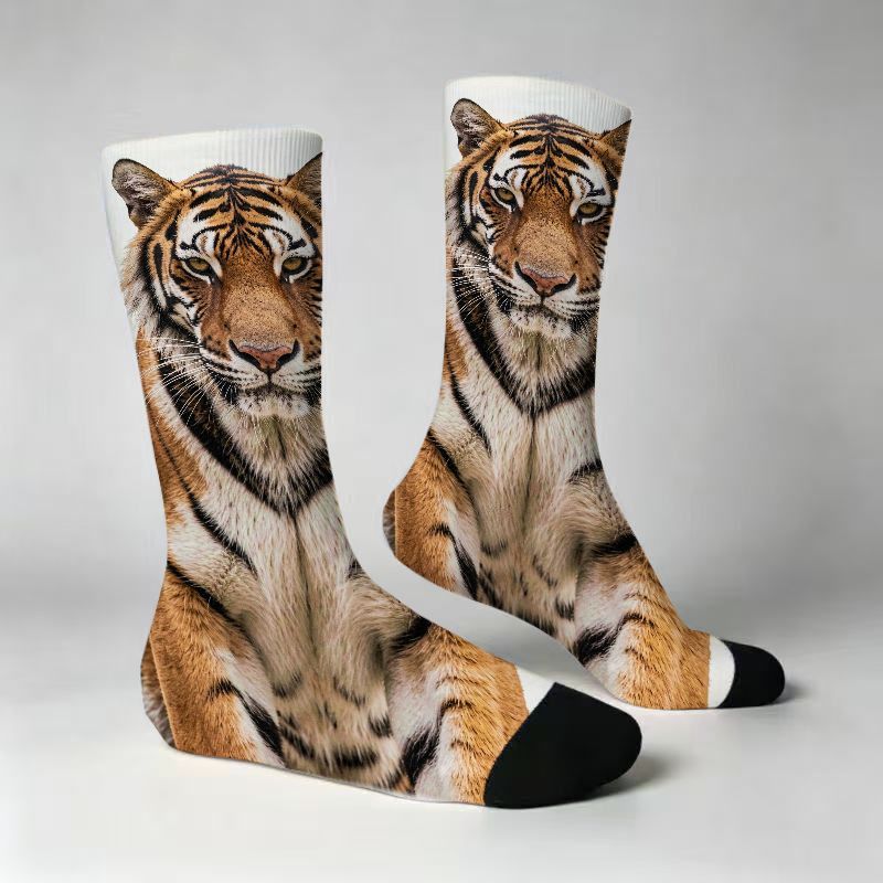 TEMU 1 Paire de Chaussettes Unisexes à Impression Numérique 3D avec Motif Tigre Réaliste et Amusant, Fantaisie, Mélange Polyester et Élasthanne,