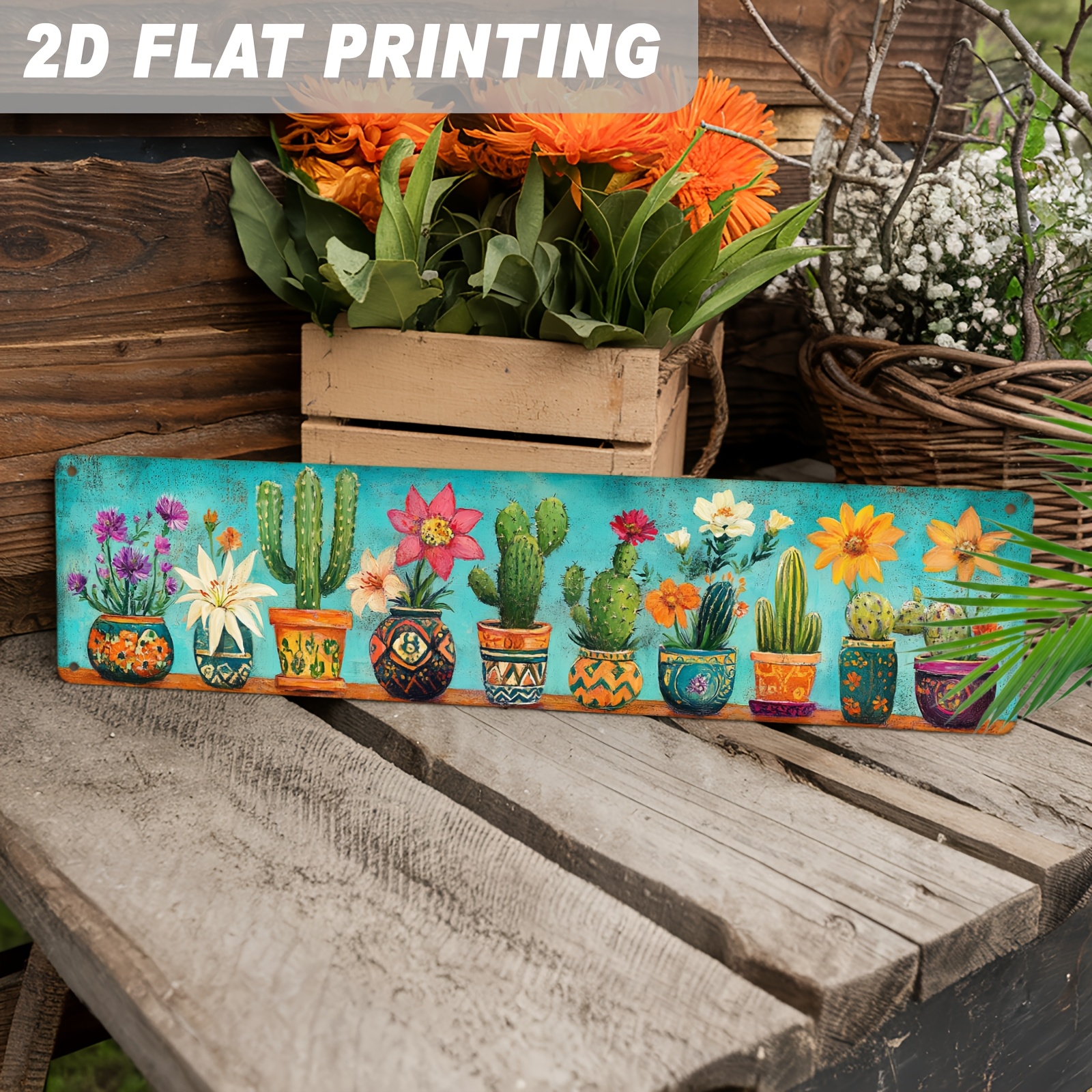 TEMU 2d Flat, 1pc 2d Flat, Cactus And Floral Colorful Flowerpot Wooden Sign, Desert Theme, Wall Hanging Decor, Artistic Style, Suitable For Home