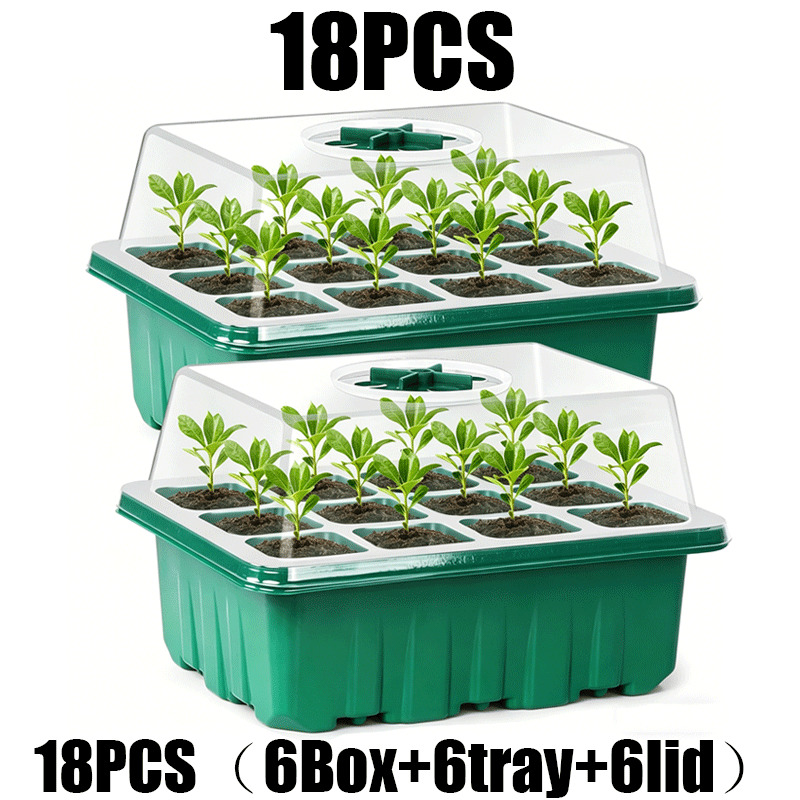 TEMU 18pcs (6box+6tray+6lid) Heavy Duty Seed Starter Tray | 72 Cells With Humidity Dome And Base/outdoor Kit For Vegetable, Flower, Seeds Vent And