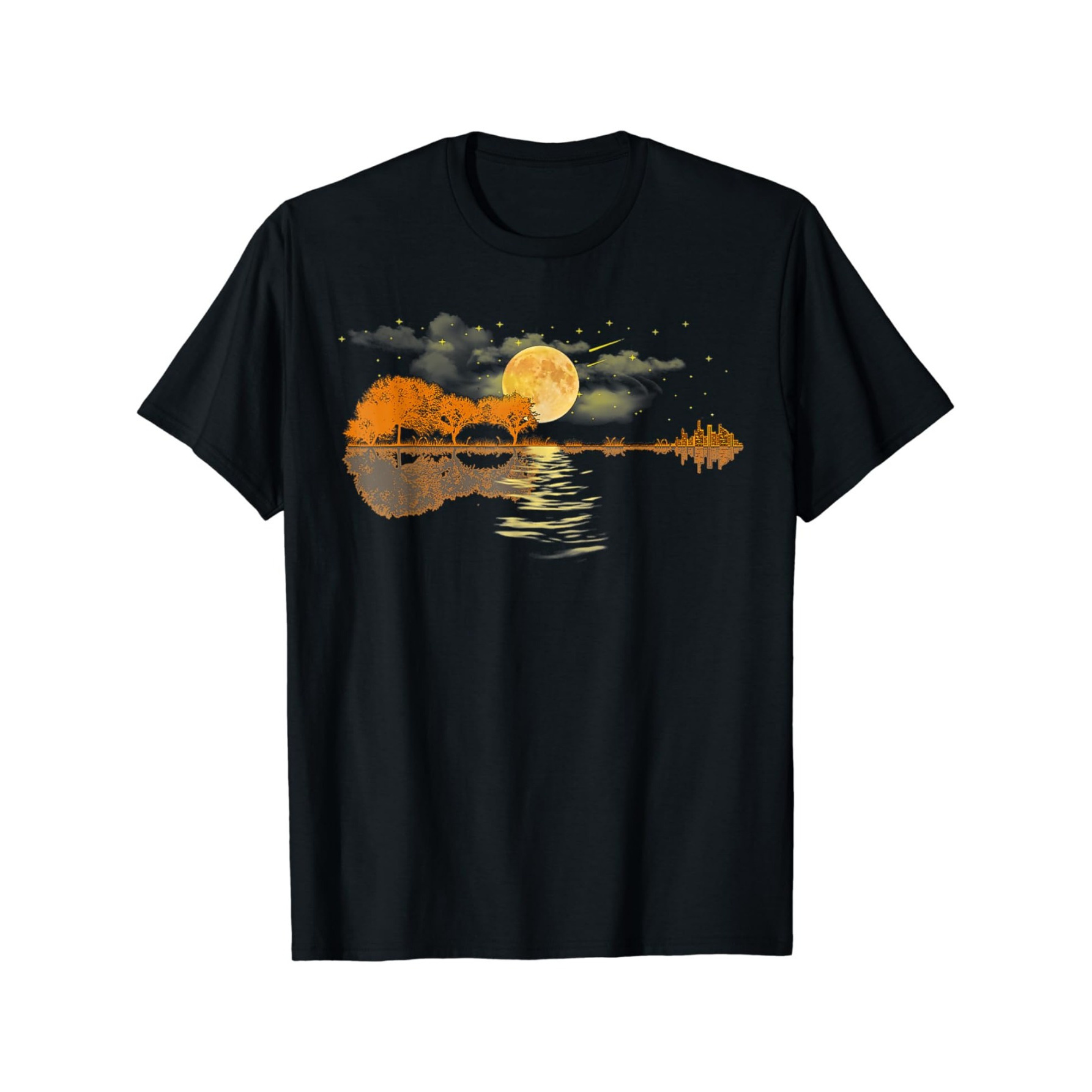 

1pc Men's Cotton T-shirt With Guitar Lake Print, Casual Sports Style, Round Neck, Regular Fit, Summer Season, Knitted Fabric - Musician Acoustic Guitar Graphic Tee