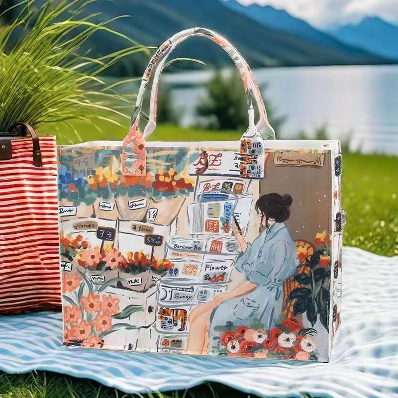 Image of New Women's Tote Bag French Style Reinforced Felt Bag Aesthetic, Lightweight & Artistic Oil Painting Design, Commuting, College Studentfriendly Handheld & Crossbody Bag