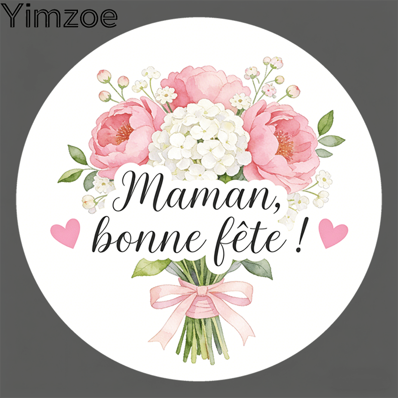 TEMU Yimzoe 96/288 autocollants français "Maman Fête" pour emballage, étiquettes bouquet de roses et d'hortensias aquarelle avec "Maman", décorations