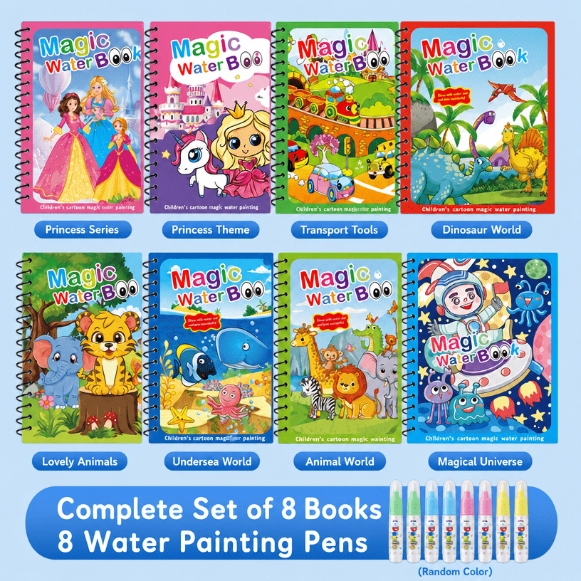 TEMU Lot de 8 livres de dessin magiques à pour enfants - Livres de réutilisables avec plusieurs thèmes de dessins animés : Princesse, Sirène, Espace,