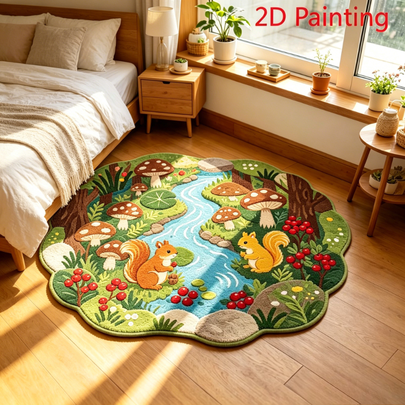 TEMU Woyuo Irregular Shaped Carpet Suitable For Living Room Bedroom Entryway, Soft Fluffy Short Pile Rug With Mushroom Squirrel Forest Fairy Tale,