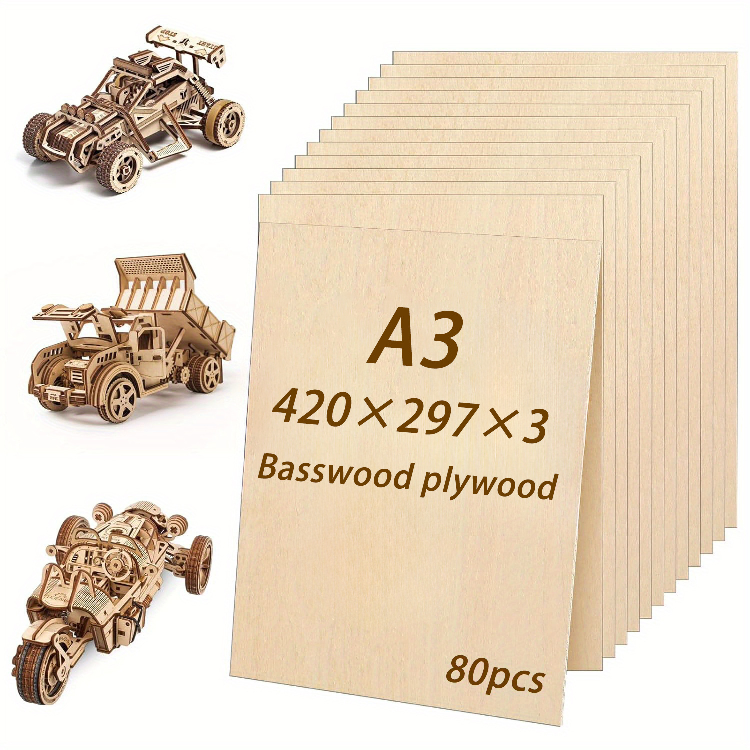 E-shop Dofiki 80 Stück Lindenholz Sperrholz - A3 Hochwertige 3mm Unlackierte Holzplatten, Sperrholz, Naturholzmaserung, Glatte Oberfläche, Lindenholz