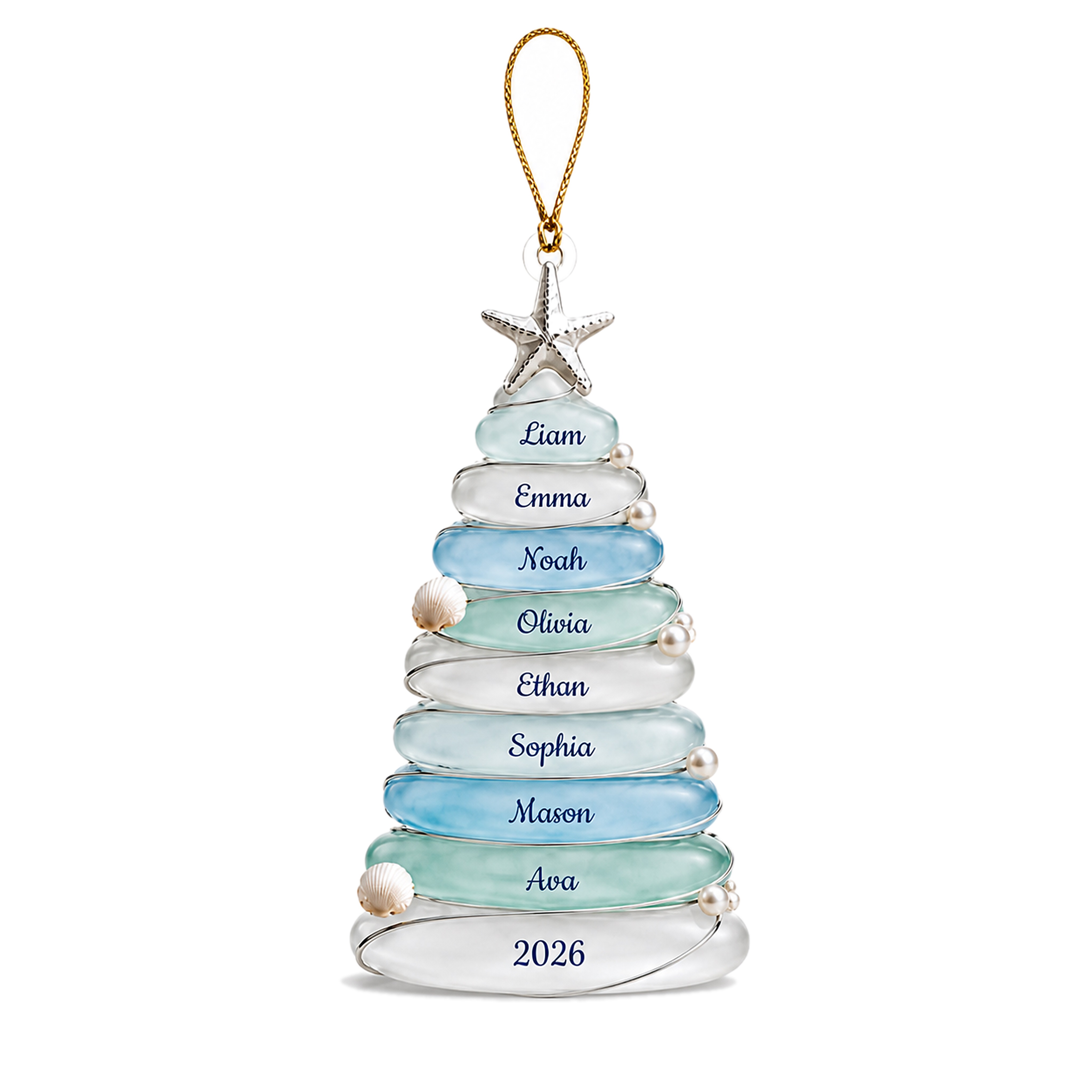 TEMU 2d Flat, Personalized Sea Christmas Tree Ornament, Custom 1-8 Family Names And Year, Coastal Starfish, Seashell And , 10cm Acrylic Hanging