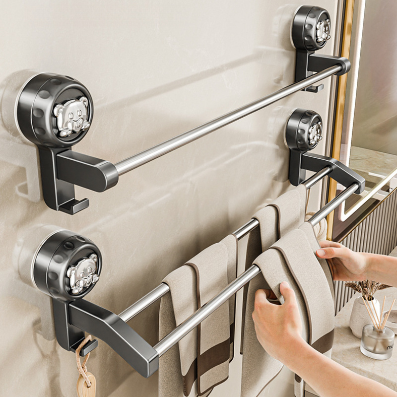 No-Drill Suction Cup Wall-Mounted Towel Rack - Carbon Steel Bathroom Organizer with Multi-Hooks for Towels, Slippers & Toiletries, Space-Saving Contemporary Design for   Storage, Towel Rack for Bathroom, Nodrill Installation, Sleek  , Durable Construction