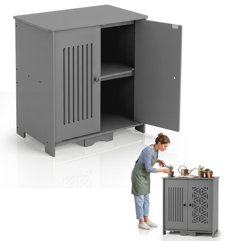 Image of 69 .5 X 73cm Gray Outdoor Storage Box, Pvc Panel Plastic Patio Cabinet With Floral And Vertical Strip Decoration For Garden Balcony Backyard