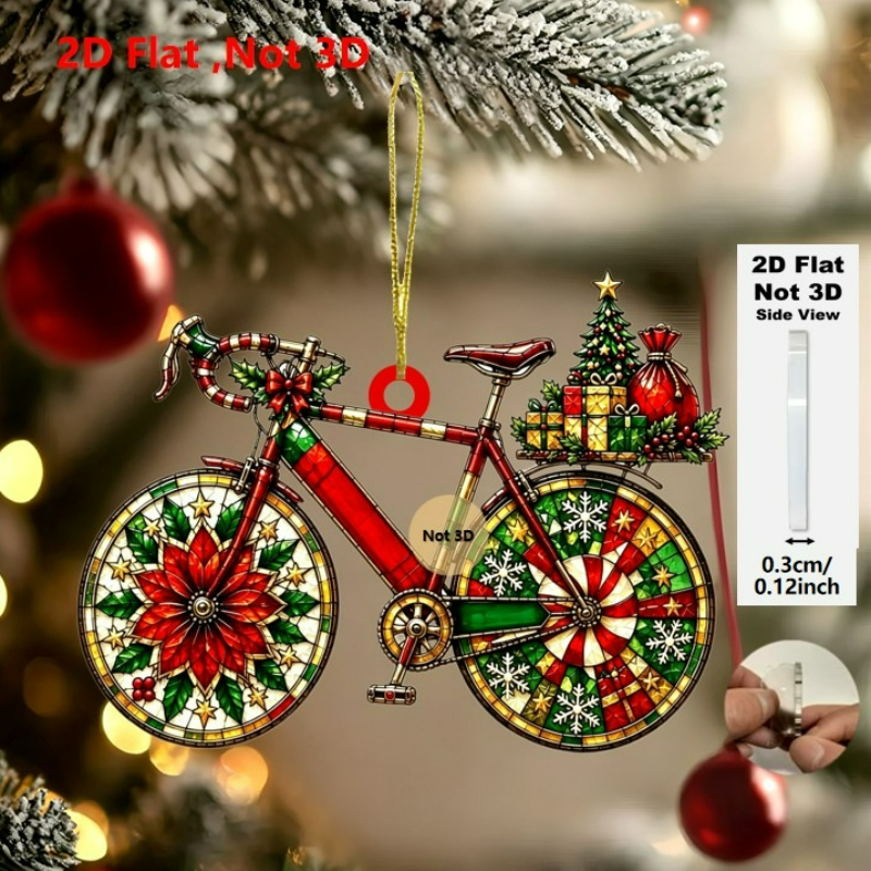 TEMU Piatto 2D, 1 pz Ornamento acrilico a forma di bicicletta natalizia in stile vetrata, non 3D, decorazione da appendere per albero di Natale,