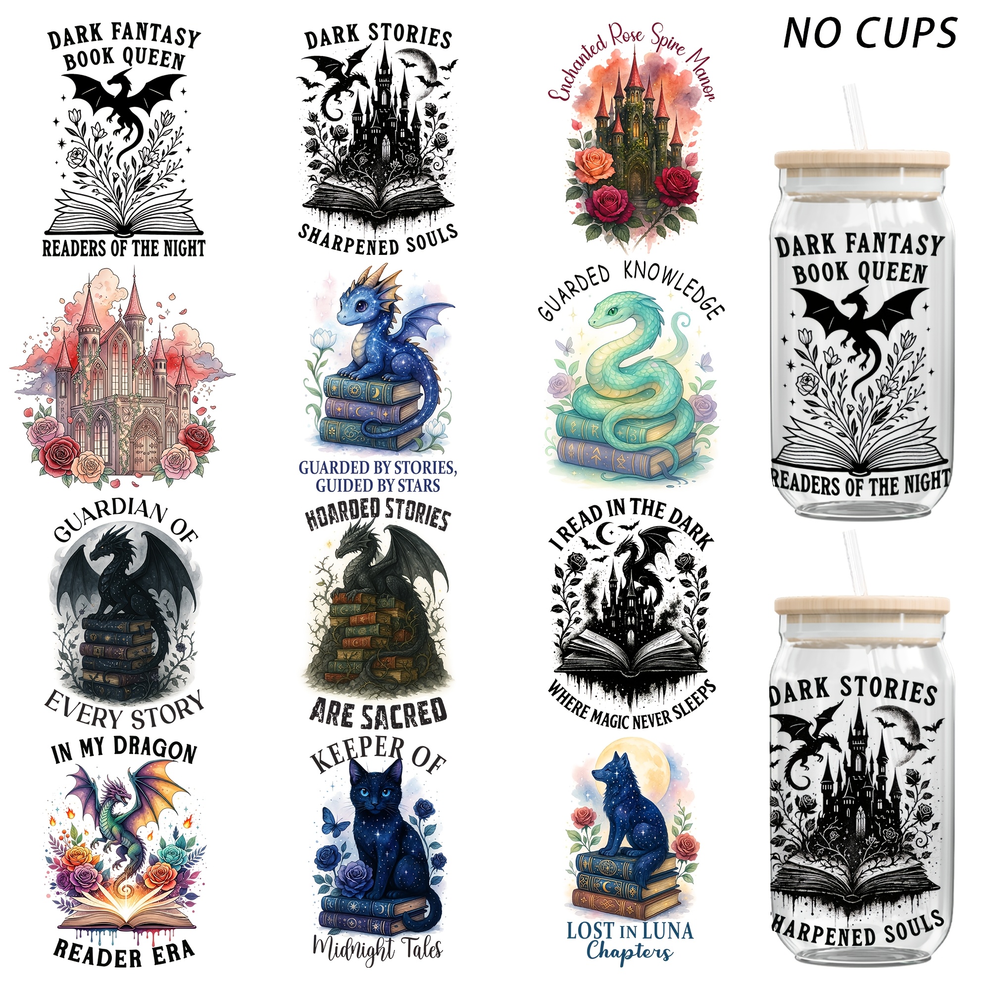 TEMU 12pcs Fantasy Themed Waterproof 16oz Glass Jar Diy Transfer, Uv Dtf High- Transfer Paper, Suitable For Cups, Bottles, Furniture, Photo Frames,