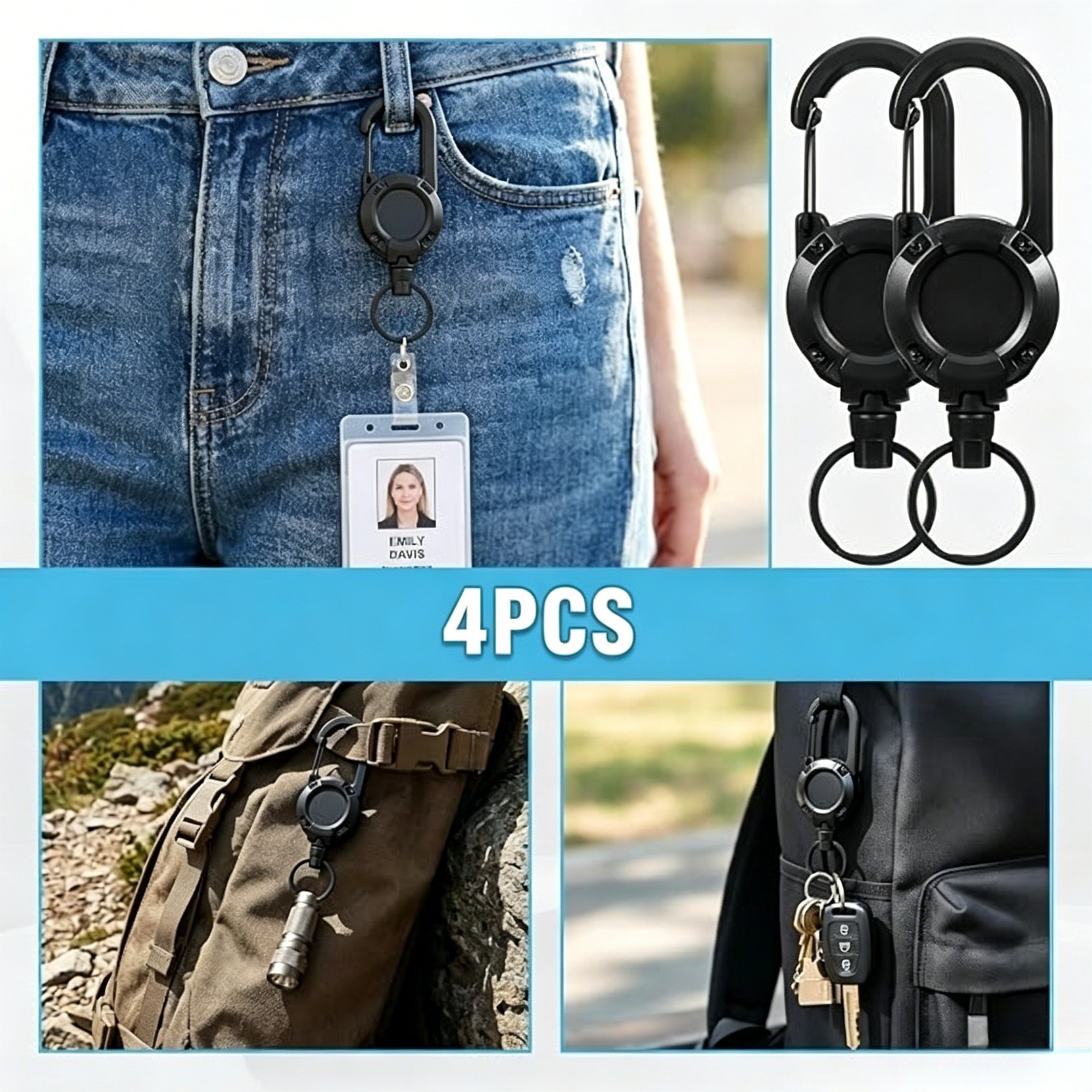 TEMU 4 Pack Heavy Duty , Retractable Id Clip Reel With Steel Cable And Carabiner Clip