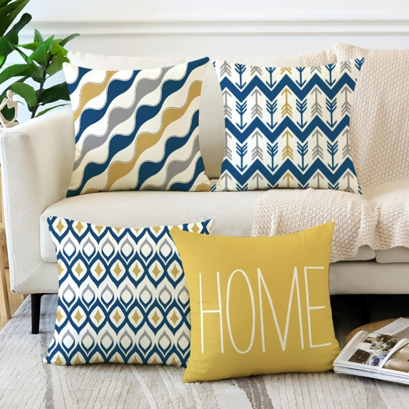 TEMU 4 piezas, Fundas de Cojín con Diseño Geométrico y Azul + HOME para Decoración Estilosa, Cremallera, Impresión Unilateral, Lavable a Máquina -