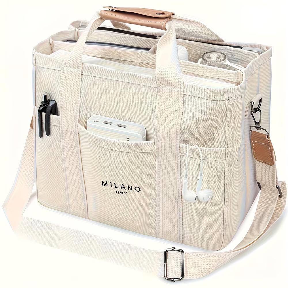 TEMU Italy Minimalist Black And White Letter Women's Large Canvas Tote Bag, Very Suitable As Laptop Bag, Crossbody Bag, Handbag, Travel Bag, Fitness
