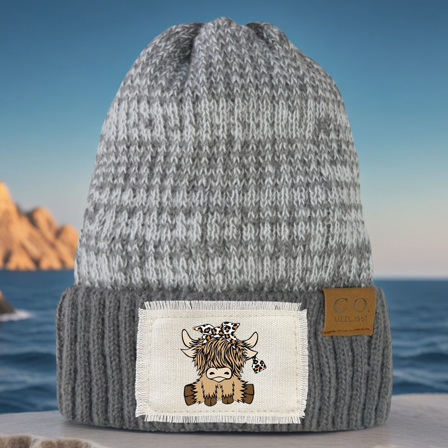 

Cow Pattern Fleece-lined Warm Beanie - Stylish Gray Knit Hat With Cartoon Cow Patch, 100% Polyester, Autumn & Winter