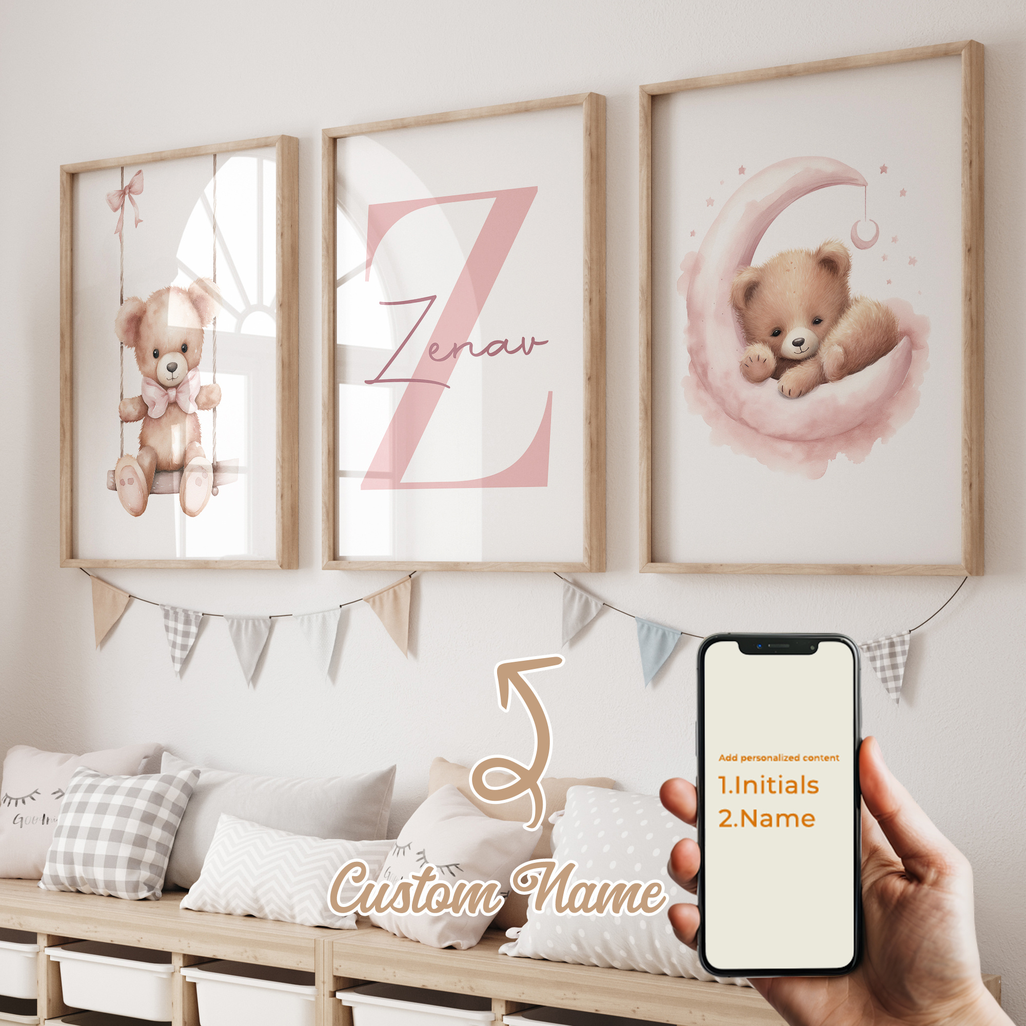 E-shop 3er-Set Personalisiertes Namens-Aquarell Rosa Bär Schläft, Schaukel Leinwandposter Wandkunst, Individueller Name für Heimdekoration,