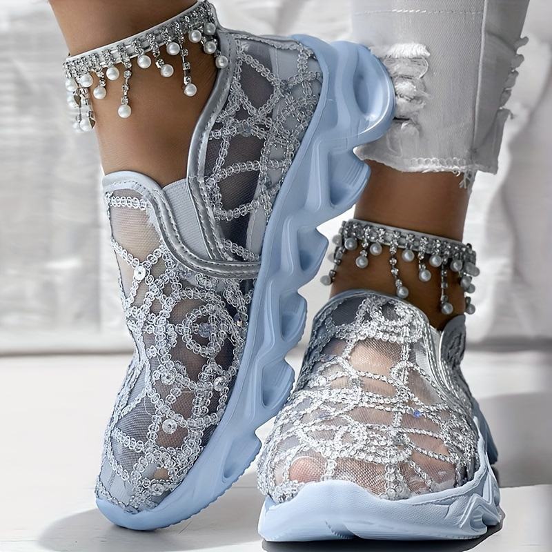 Image of European And American Women's Lace Mesh Rhinestone Thick-soled Casual Shoes. Breathable Shoes For Daily In Summer, All-match Slip-on Lazy Shoes, Women Shoes, Sneakers