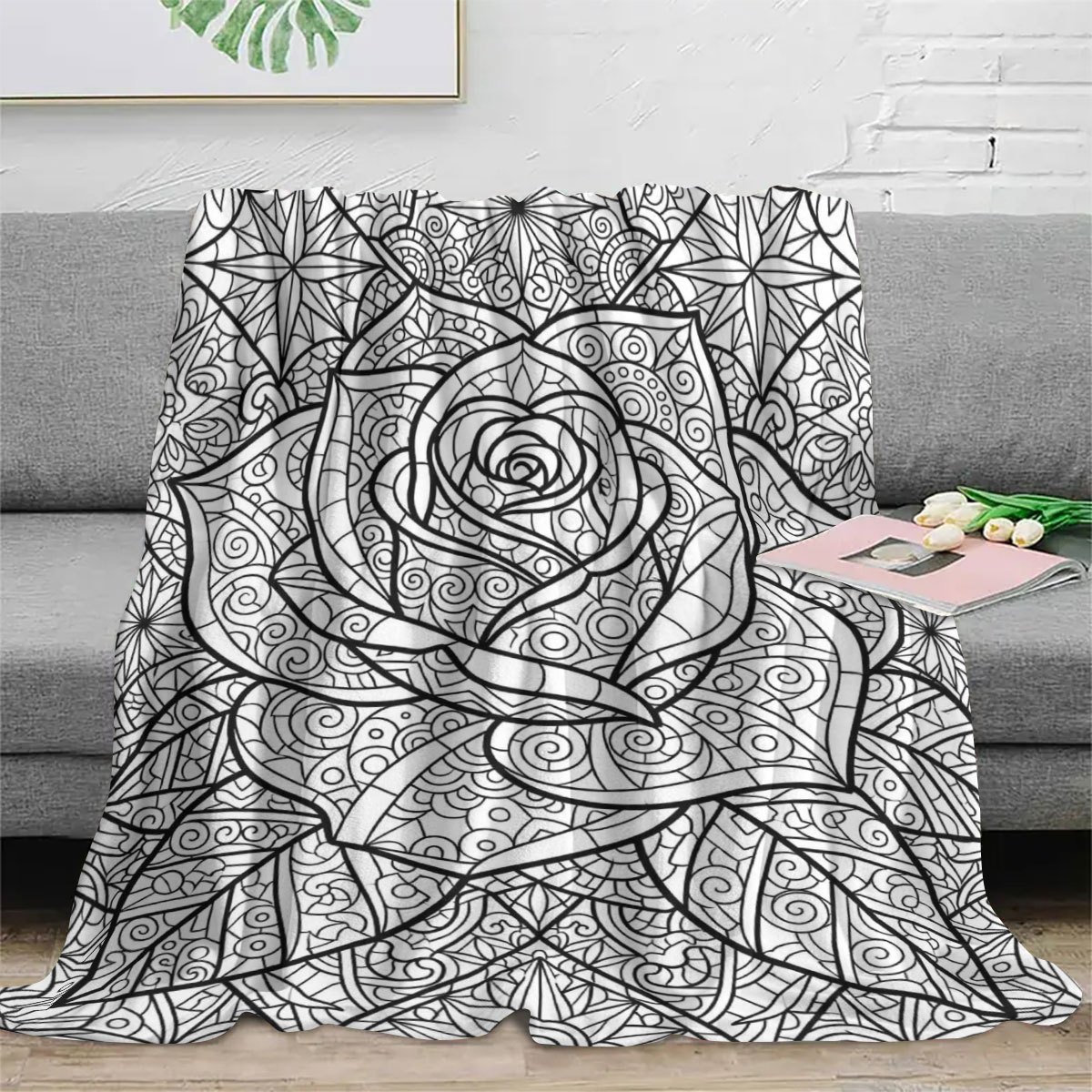 Image of 2d Flat 1pc Mandala Rose Flannel Blanket Adult Stress Relief Coloring Version Warm Throw Blanket For Living Room, Bedroom, Sofa, Home Nap, Office Rest, Leg Warmer Blanket, -painted Art Blanket 280gsm