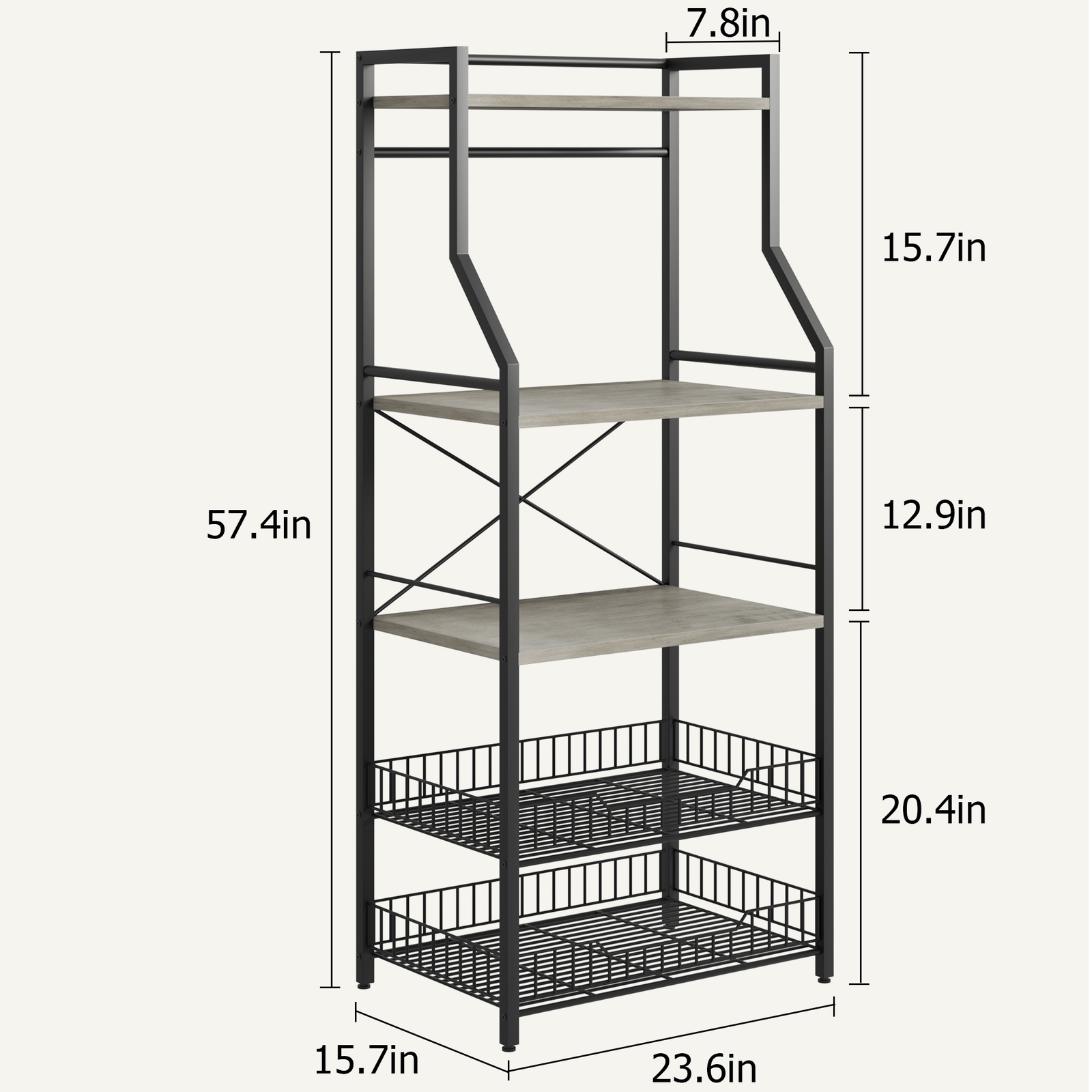 Image of Freestanding Kitchen Bakers Rack, 5 Tier Microwave Stand With Wire Basket And Adjustable Feet, 50.7'' Tall Industrial Coffee Bar Station And Kitchen Storage Unit For Small Spaces