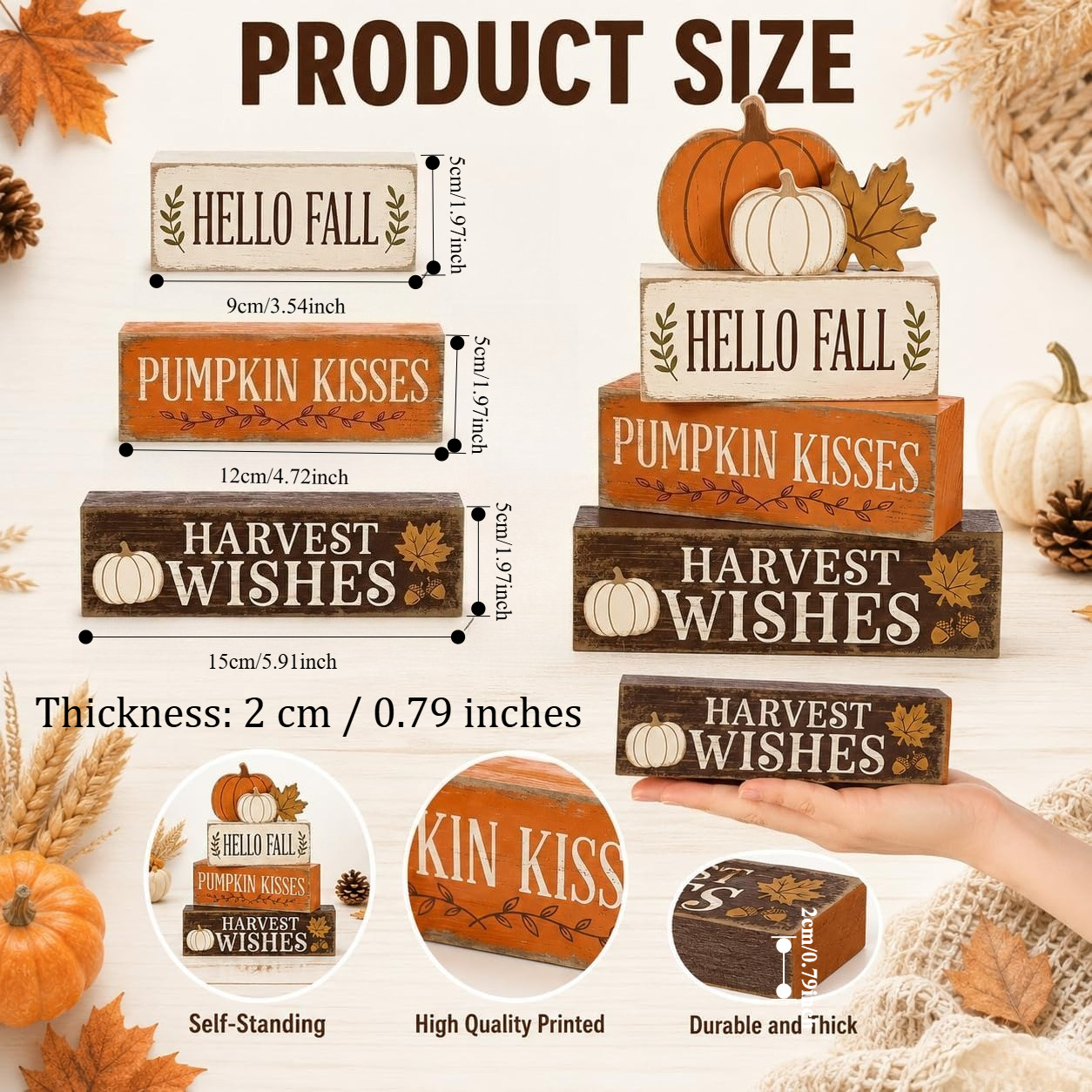 TEMU 4pcs Wooden Block Signs, Farmhouse Rustic Thanksgiving Tiered Tray Decor With Pumpkin And Maple Leaf, Harvest Wishes Fall Decorations For Home