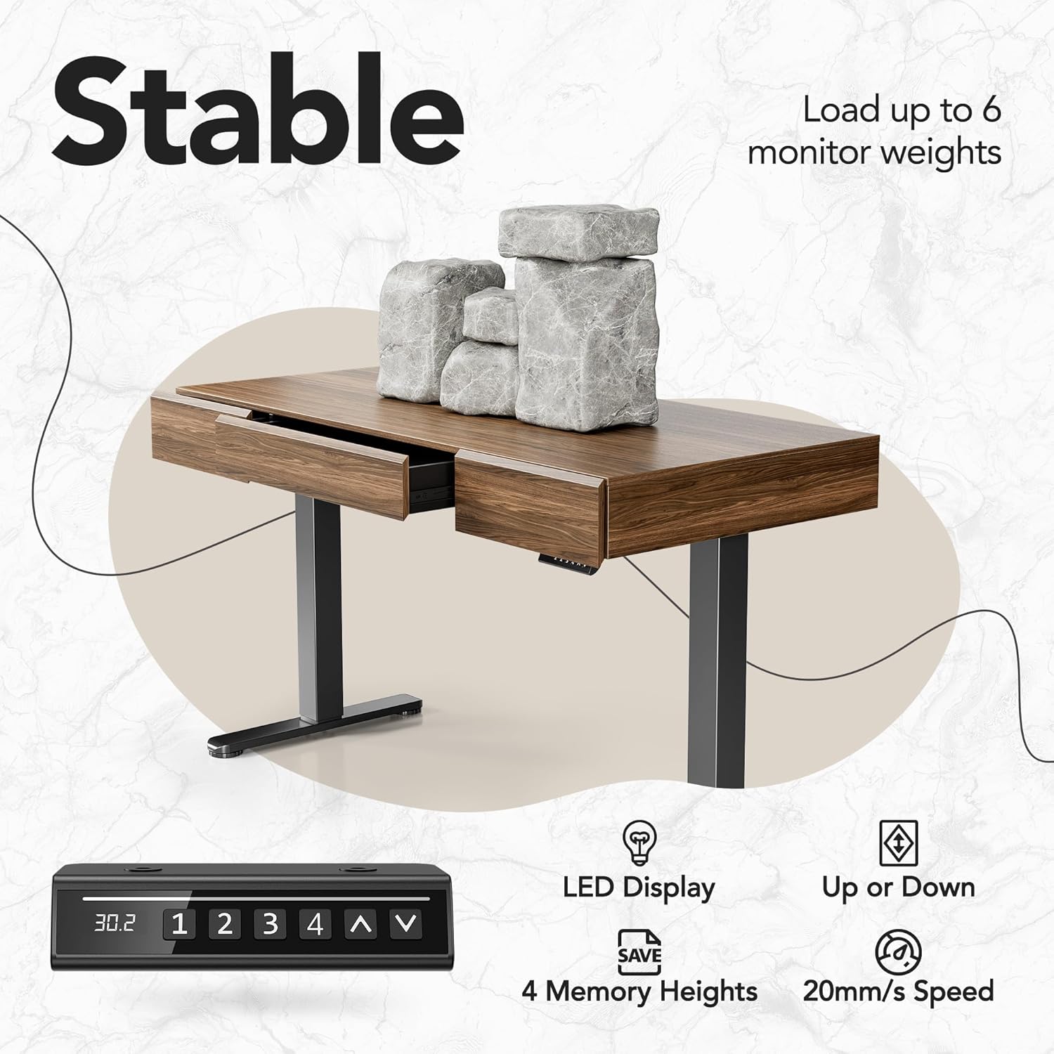 Recording studio furniture Electric Standing Desk with 3 Drawers, 48 Inches Height Adjustable Stand Up Desk, Whole-Piece Board Computer Workstation with 4 Memory Height Settings, Black Walnut