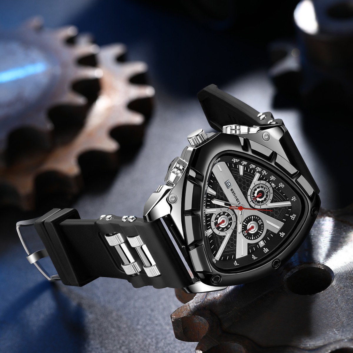 3pcs Set Men'S Quartz Watches with Silicone Strap & Date Display - Classic Triangular Dial, & Golden-Tone Case, Non-Rechargeable Battery, Casual & Sporty Wear