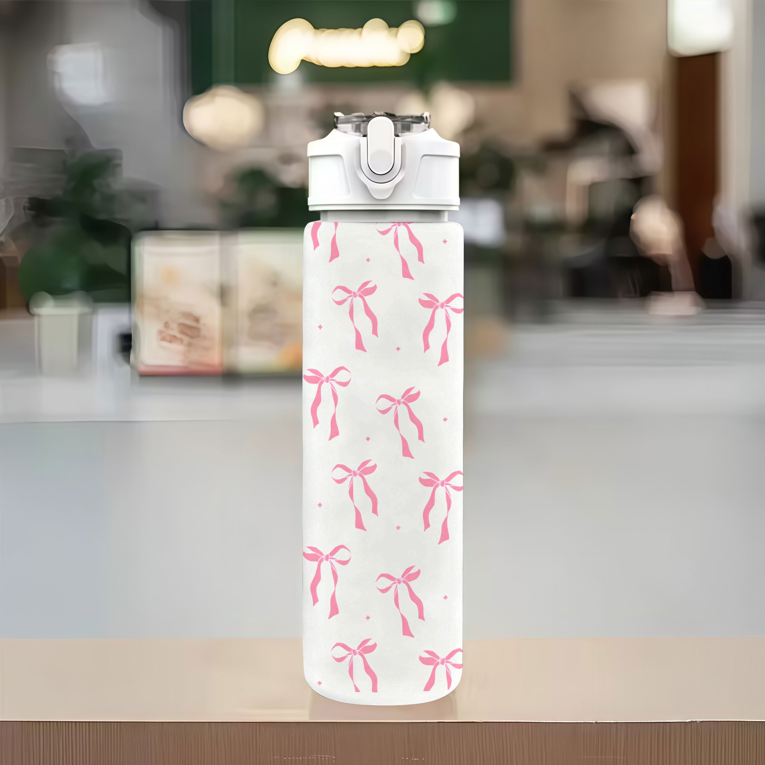 TEMU 1 bouteille d' en plastique de 750 ml/26 oz avec un joli nœud papillon rose imprimé, couvercle pop-up anti-fuite, légère et durable, grande ,