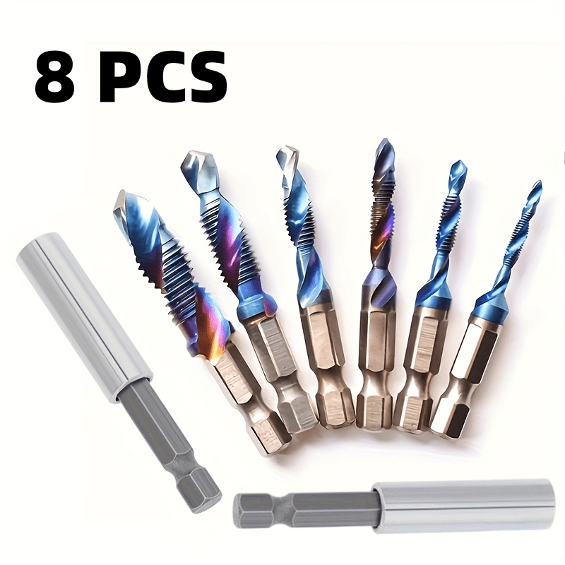 TEMU New 8pcs Titanium-coated Steel Screw Drill Bit Set M3 M4 M5 M6 M8 M10 And Hex Socket With Hex Shank | Heavy-duty Thread Drill And Countersink