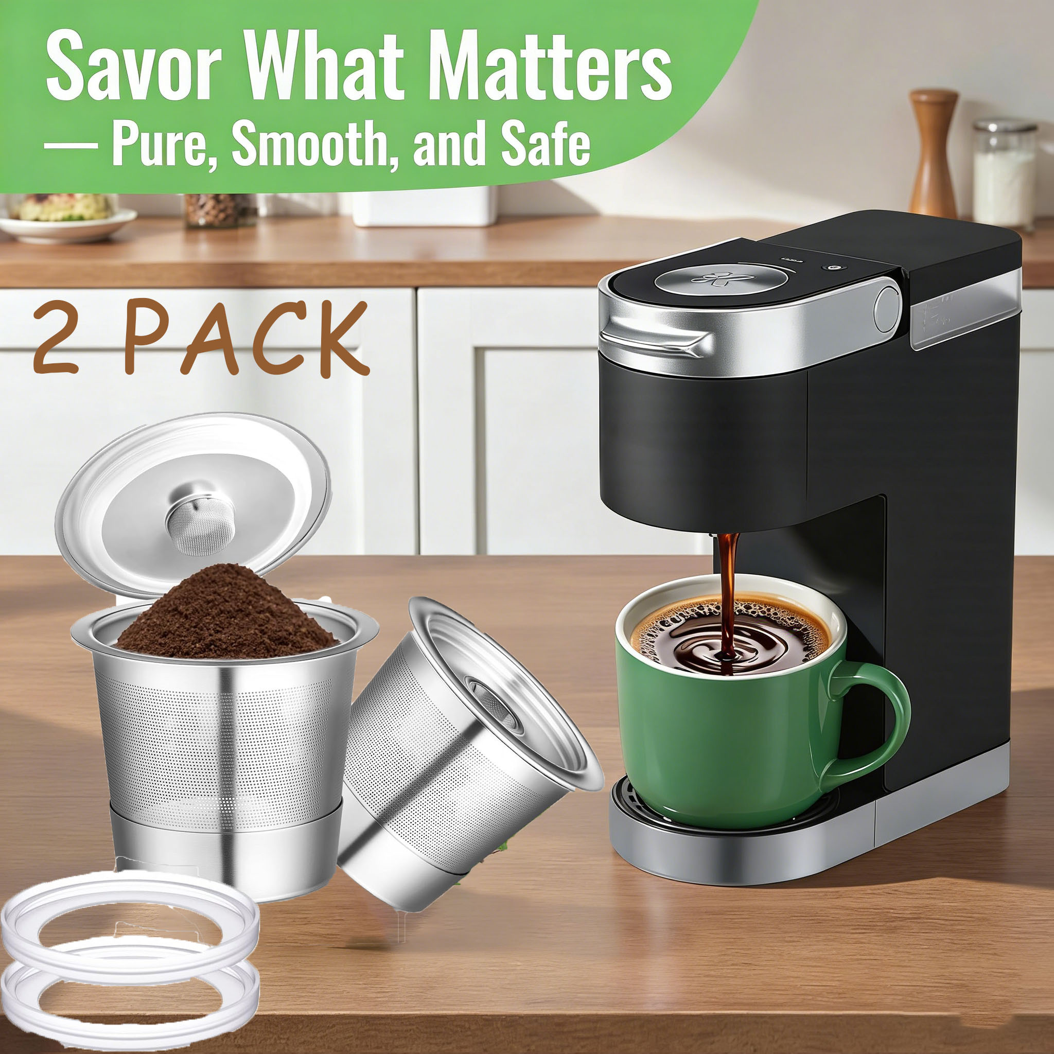 TEMU Lot de 2 K Caps réutilisables pour 1.0 : Douilles à café en acier inoxydable réutilisables, fabriquées en SUS 304, avec une cuillère et des