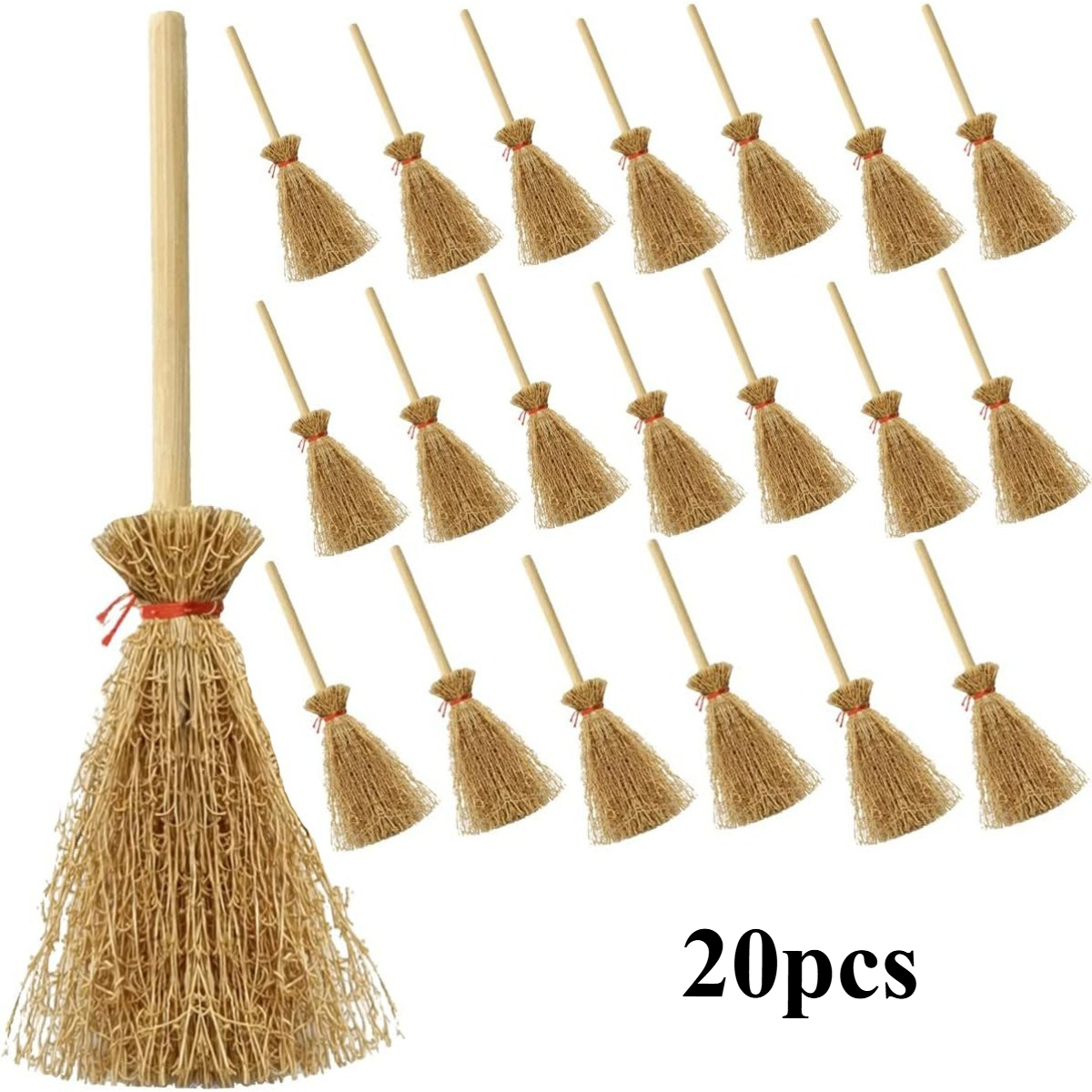 TEMU 20pcs Mini Balais en Paille Artificiels avec Cordes Rouges Décoration d'Artisanat en Paille d'Halloween Mini Statue Décoration Accessoires de