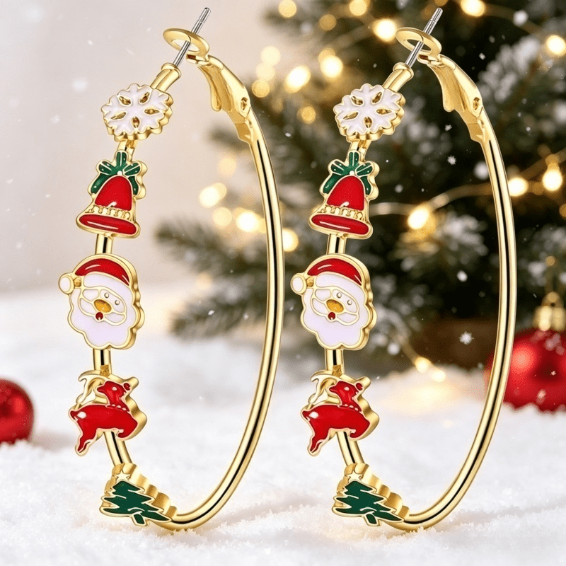 TEMU Boucles d'oreilles créoles plaquées et émaillées pour femme READKISS pour Noël - Père Noël, , de neige et sapin, bijoux de fête colorés, cadeaux