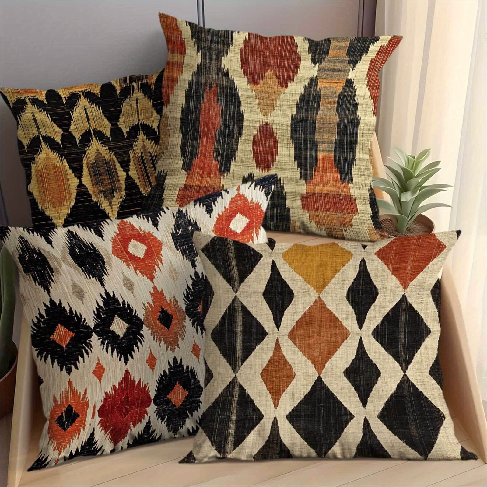 TEMU 4 housses de coussin à motif géométrique vintage, % polyester tissé, style moderne, , fermeture à glissière, douces et confortables, lavables en