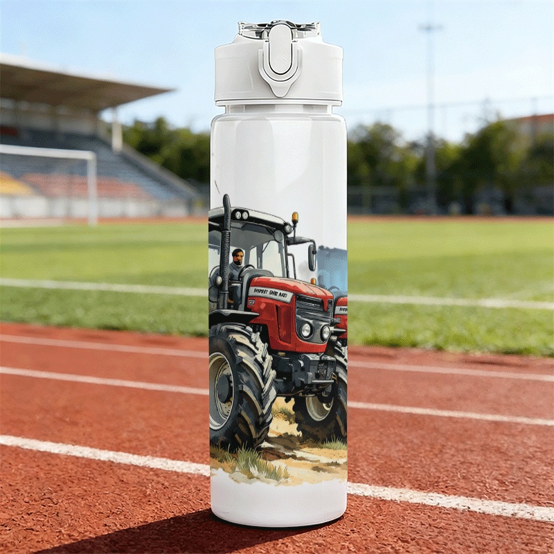 TEMU Capacity 25 Oz/750ml 1pc 2d Pattern Printed Colorful Plastic Water Bottle, Pop Top With Straw, Carry Strap 2 Red Tractors On Dry Field, With
