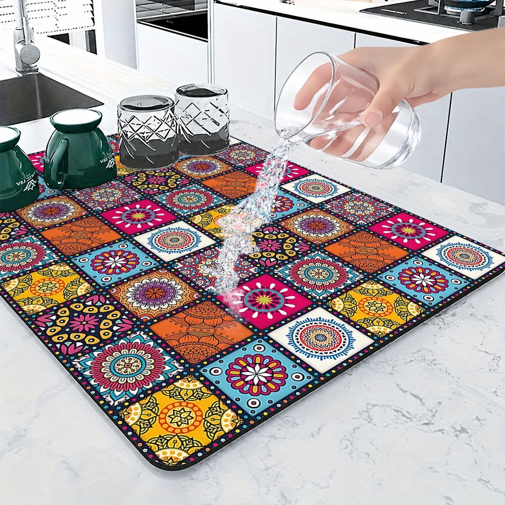 TEMU 1pc Bohemian Colorful Floral Tile Print Absorbent Placemat, Dish Drying Mat, Rubber Non-slip Coffee Maker Drip Tray Mat, Moroccan Countertop