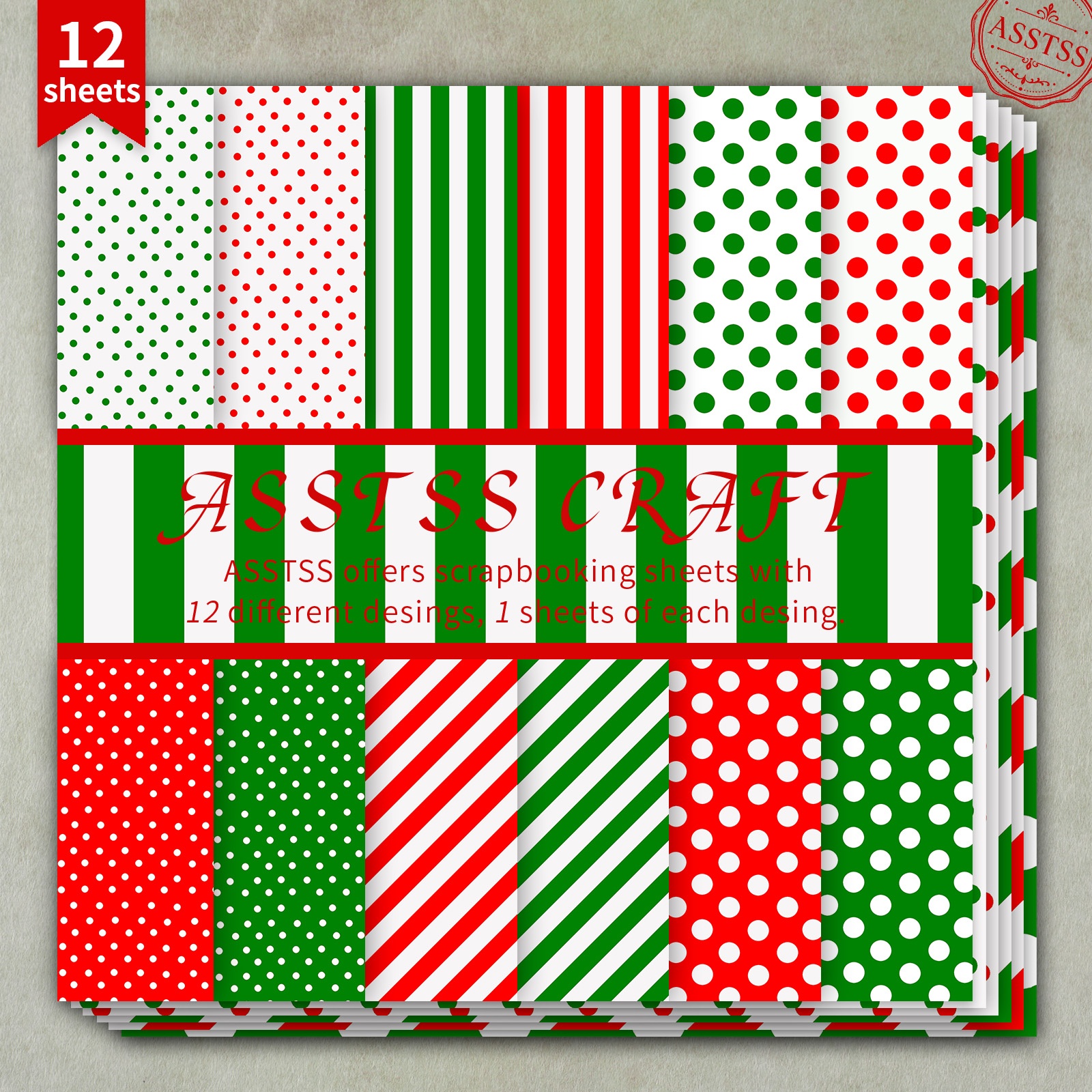 TEMU 12-sheet Asstss 6x6 Inch Scrapbooking Paper Pad, Christmas Red Green Polka Dot Stripe Geometric Style Backing Paper Supplies, Heavyweight