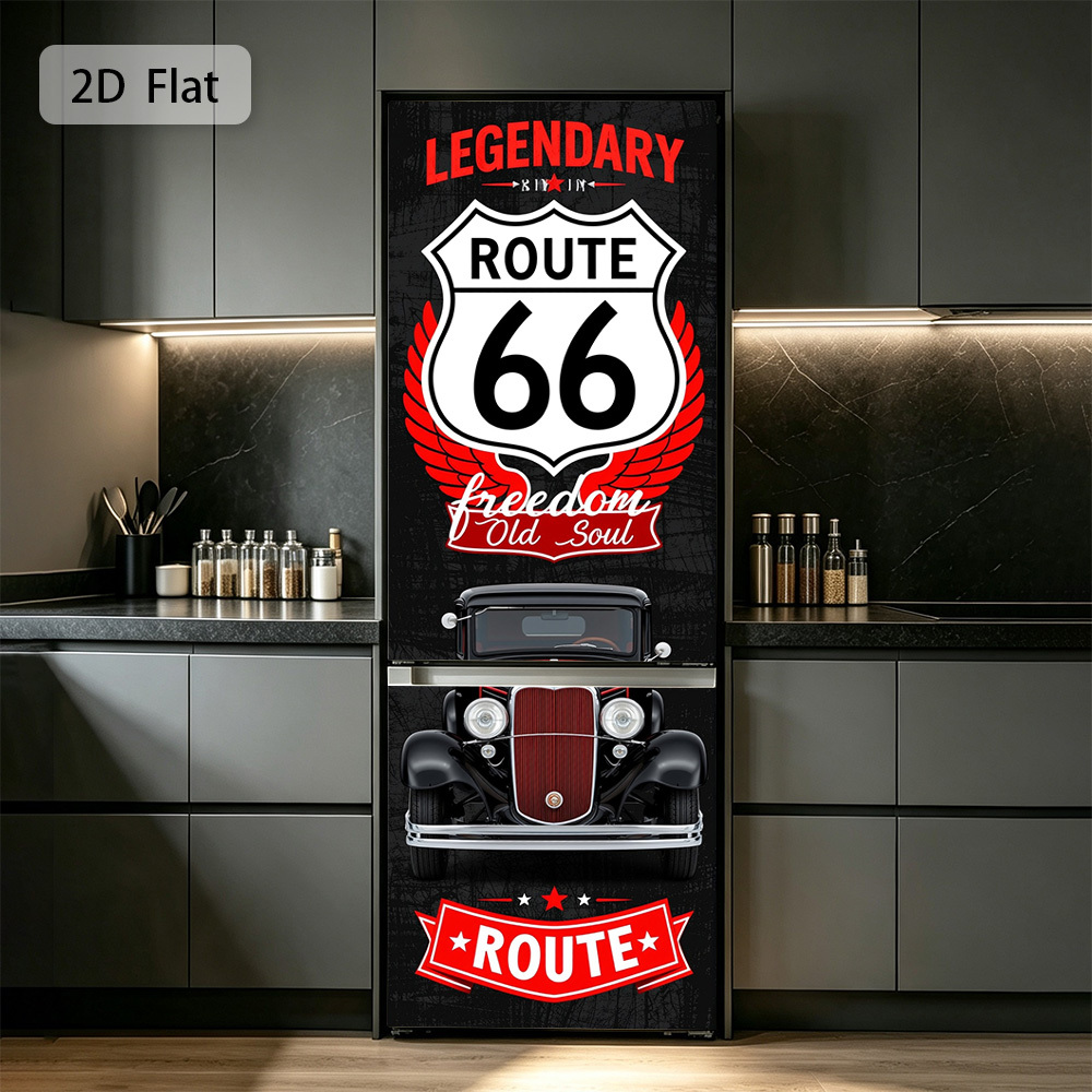 TEMU 2d Flat Printing 1pc Refrigerator Sticker 60×180cm Route 66 Themed Design Wall Decal Self-adhesive Wallpaper Suitable For Cabinets And Wardrobes