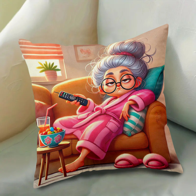 TEMU 1pc, Cute Grandma On Lazy Sofa, New Decorative Pillowcase, Polyester Material, Machine Washable With Zipper, Soft Cover, Suitable For Bed, Sofa,